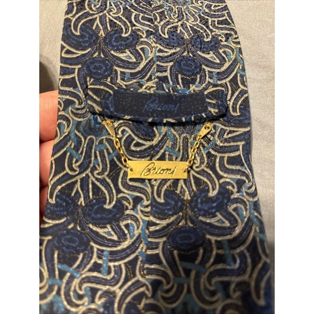 Brioni 100% Silk Men’s Tie  Navy With Green And Gold Pattern 62” X 4”